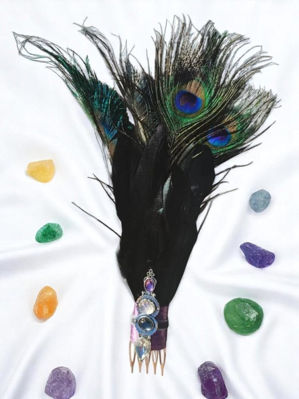 Handmade Peacock Feather Hair Comb, Feather Fascinator